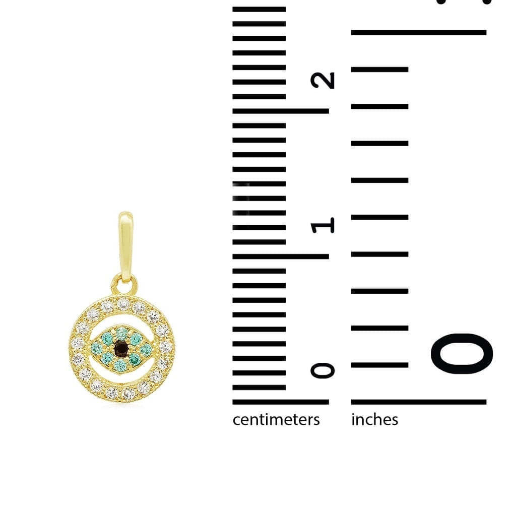 14k Yellow Gold Created Diamond Aquamarine & Black Onyx Evil Eye Pendant 0.5"