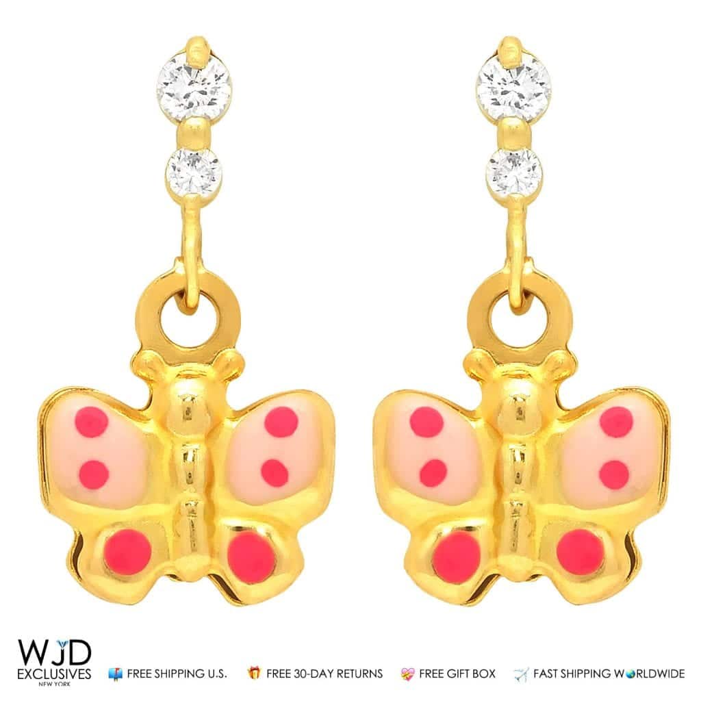 0.20Ct CZ Butterfly Dangle  Earrings 14K Yellow Gold 0.6"