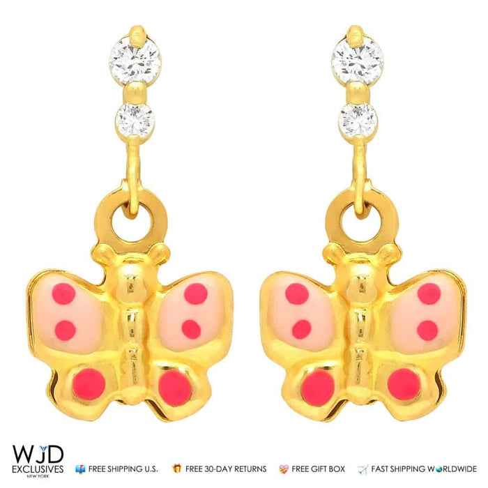 0.20Ct CZ Butterfly Dangle Earrings 14K Yellow Gold 0.6"