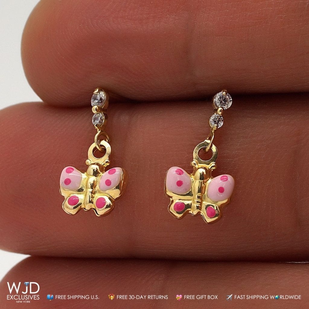 0.20Ct CZ Butterfly Dangle  Earrings 14K Yellow Gold 0.6"