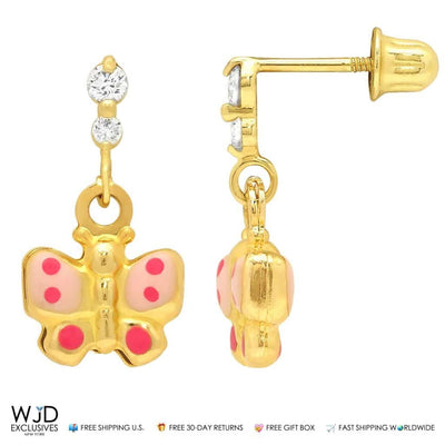 0.20Ct CZ Butterfly Dangle Earrings 14K Yellow Gold 0.6"