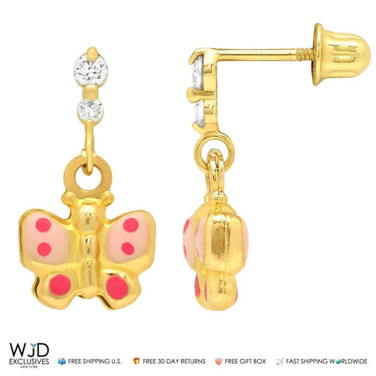 0.20Ct CZ Butterfly Dangle Earrings 14K Yellow Gold 0.6"
