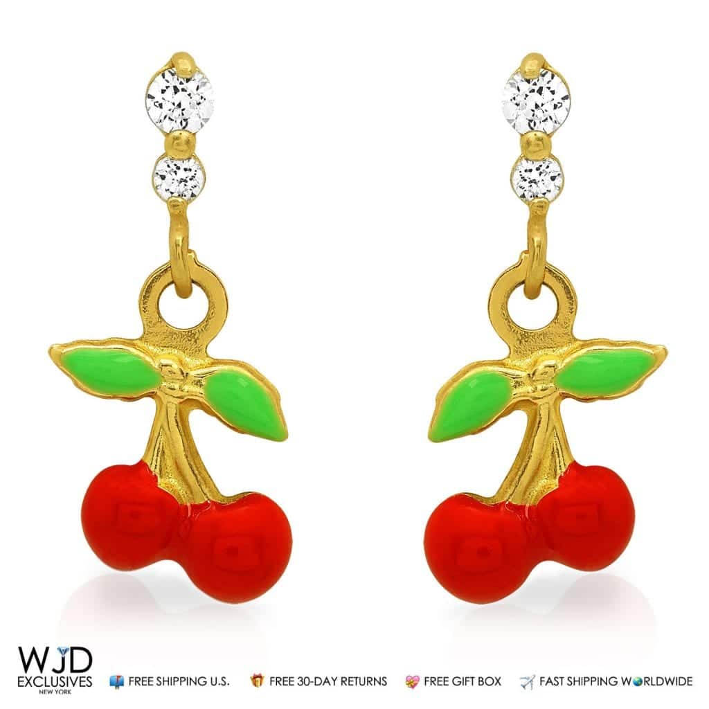 0.20Ct CZ Cherry Dangle Earrings 14K Yellow Gold Screw Back