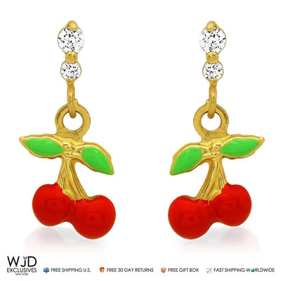 0.20Ct CZ Cherry Dangle Earrings 14K Yellow Gold Screw Back