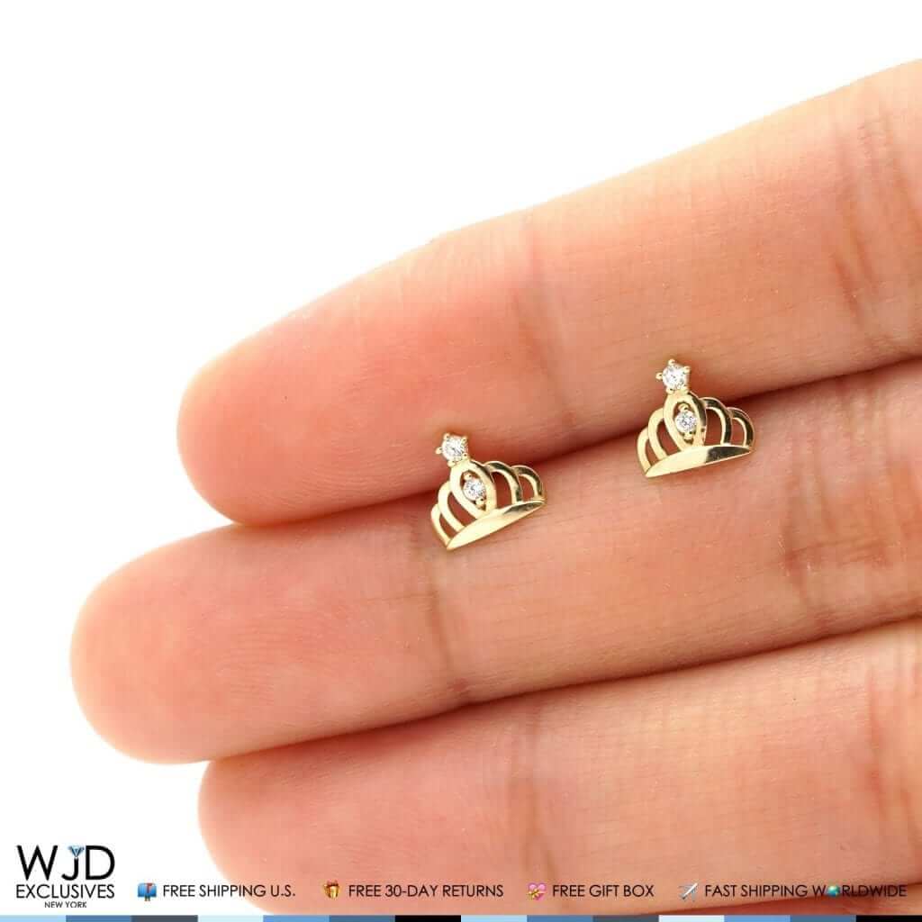 14K Yellow Gold 0.20Ct CZ Crown Screw Back Stud Earrings 7mm