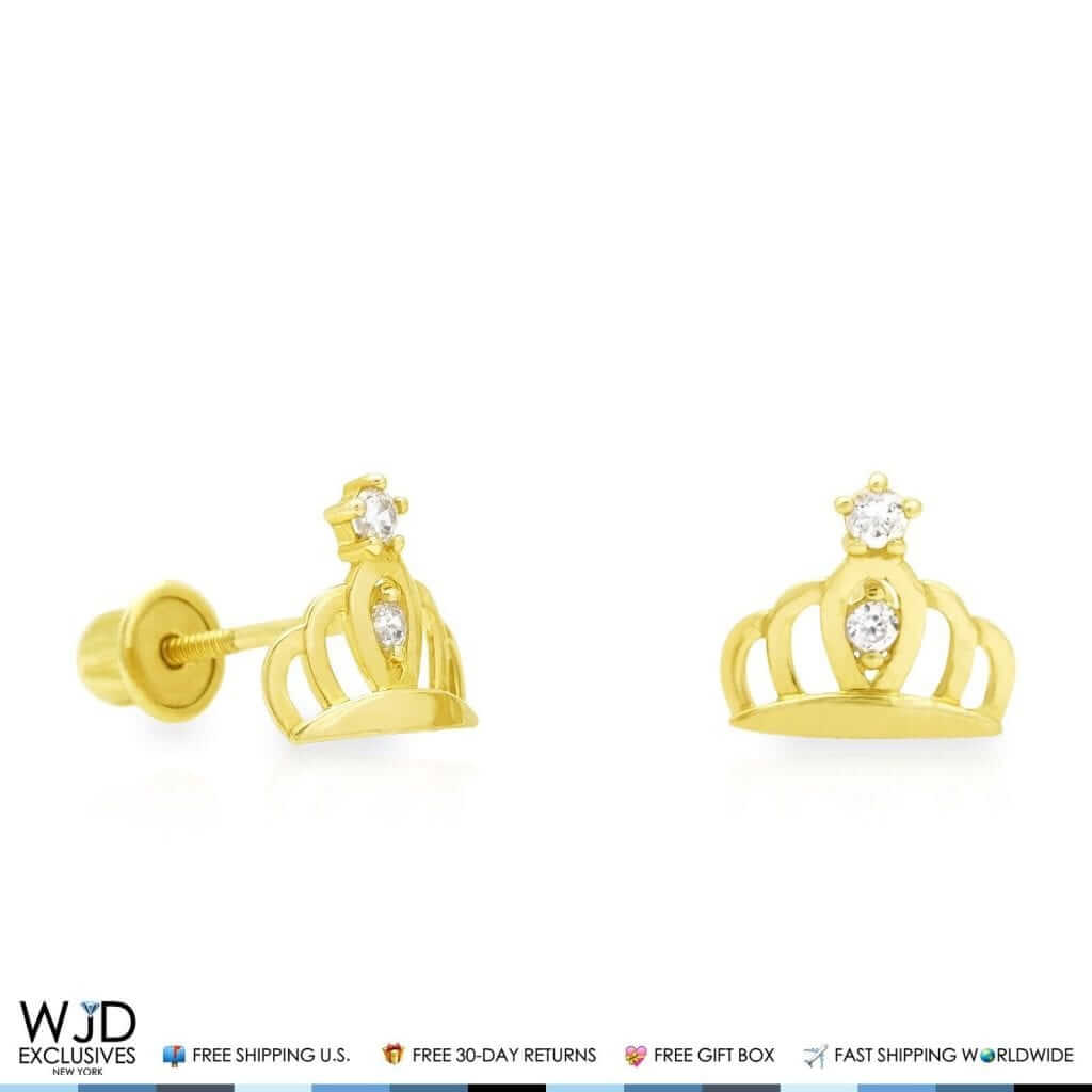 14K Yellow Gold 0.20Ct CZ Crown Screw Back Stud Earrings 7mm