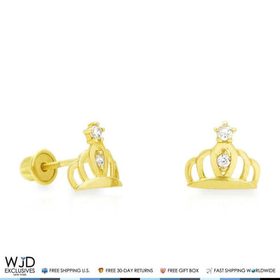 14K Yellow Gold 0.20Ct CZ Crown Screw Back Stud Earrings 7mm