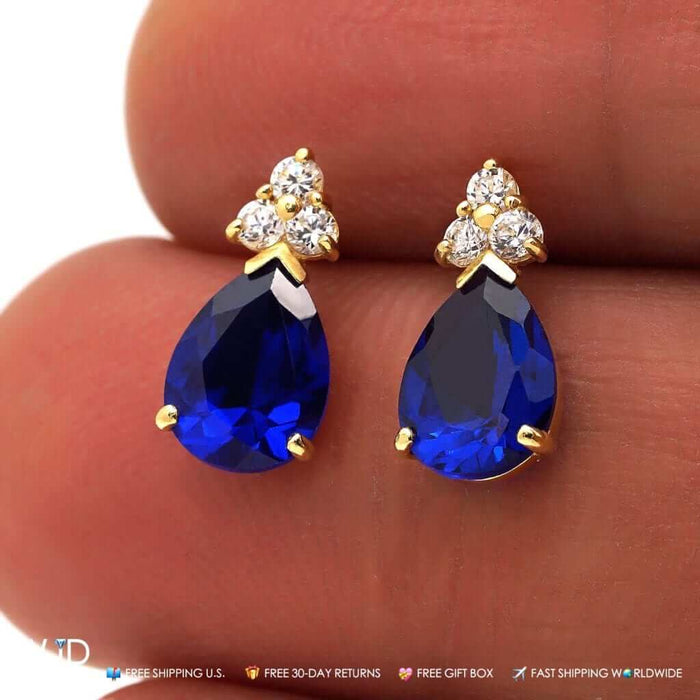14k Yellow White Gold Pear Teardrop Simulated Sapphire Stud Push Back Earrings