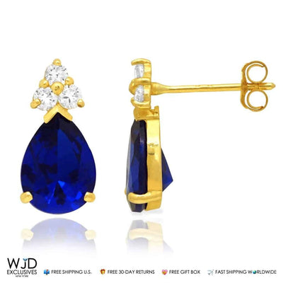14k Yellow White Gold Pear Teardrop Simulated Sapphire Stud Push Back Earrings