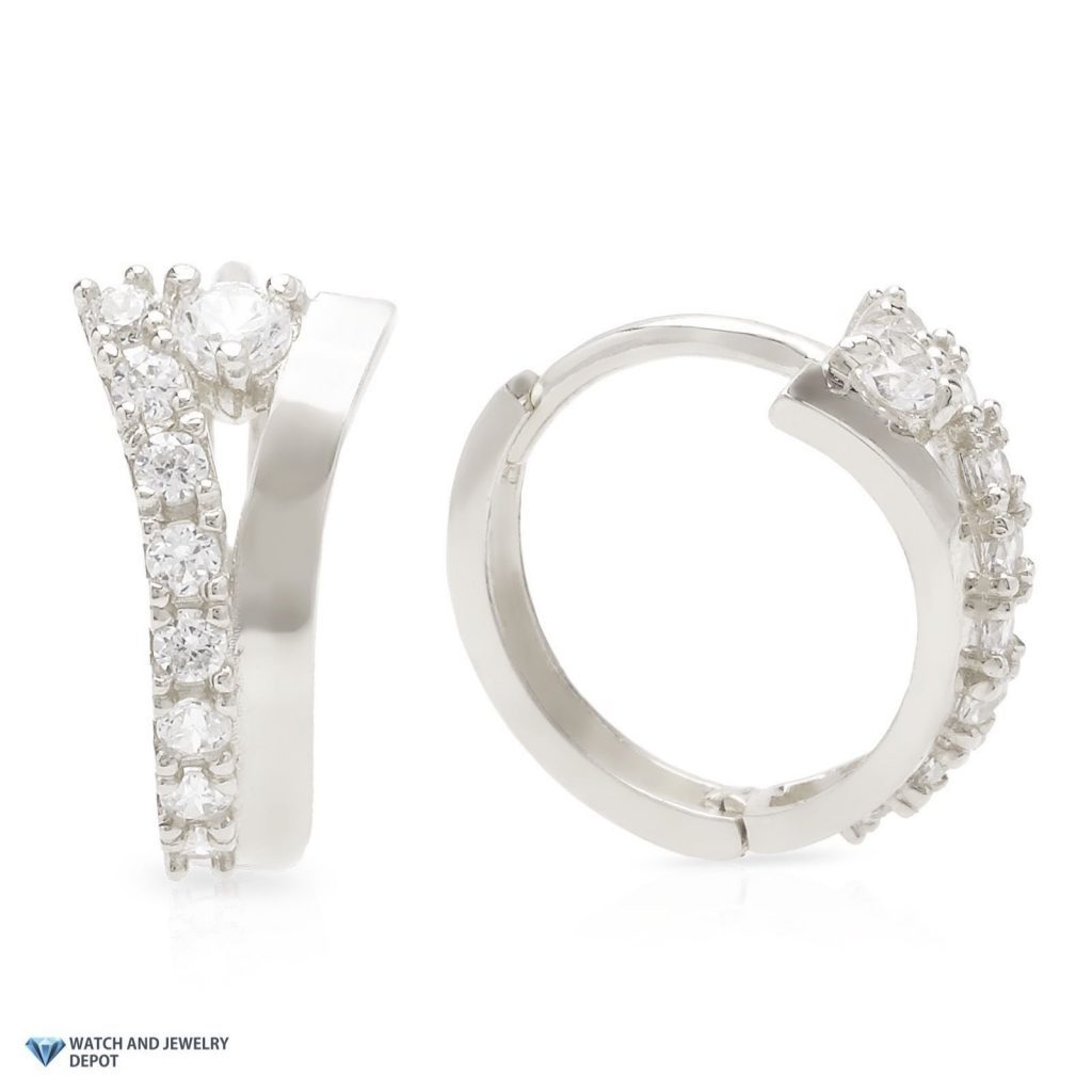 0.20CTW CZ 14k White Gold Fancy Huggie Hoop Earrings 0.5"