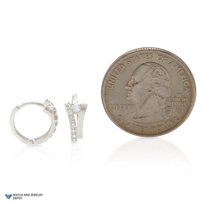 0.20CTW CZ 14k White Gold Fancy Huggie Hoop Earrings 0.5"