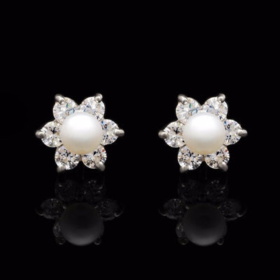 0.30Ct CZ 4mm Cultured Pearl Flower Stud Earrings 14K White Gold