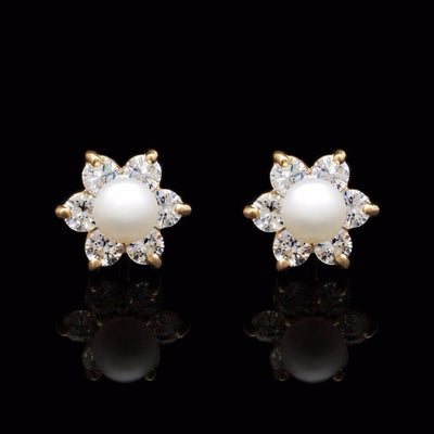 0.30Ct CZ 4mm Cultured Pearl Flower Stud Earrings 14K Yellow Gold