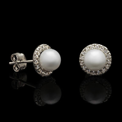 0.30Ct CZ 5mm Cultured Pearl Stud Earrings 14K White Gold