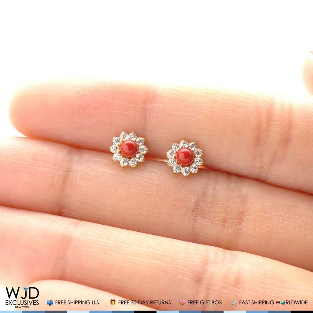 0.30CTW CZ Coral 14k Yellow Gold Flower Stud Earrings 6mm