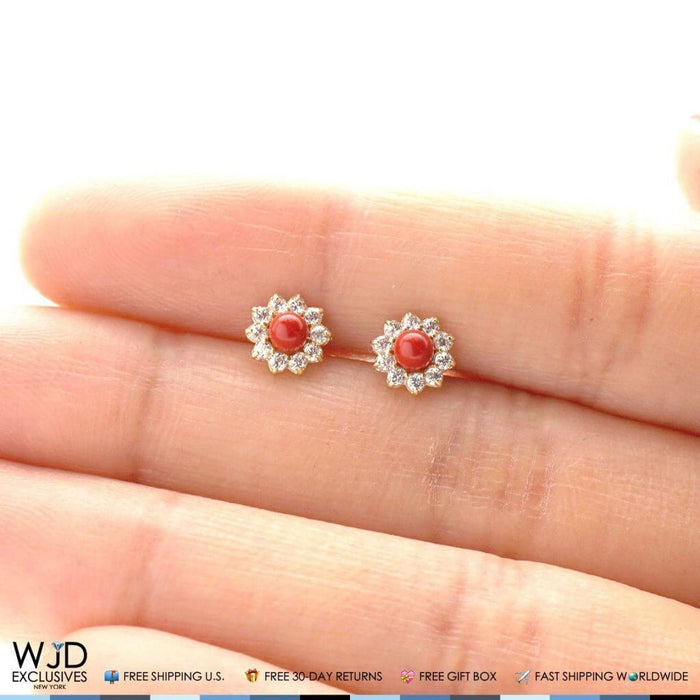 0.30CTW CZ Coral 14k Yellow Gold Flower Stud Earrings 6mm