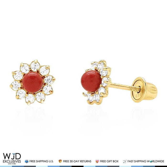 0.30CTW CZ Coral 14k Yellow Gold Flower Stud Earrings 6mm