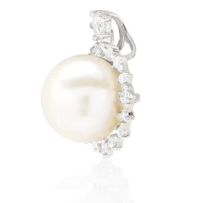 14K Yellow Gold White Gold CZ Freshwater Pearl Halo Pendant 0.63"