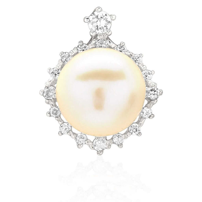 14K Yellow Gold White Gold CZ Freshwater Pearl Halo Pendant 0.63"