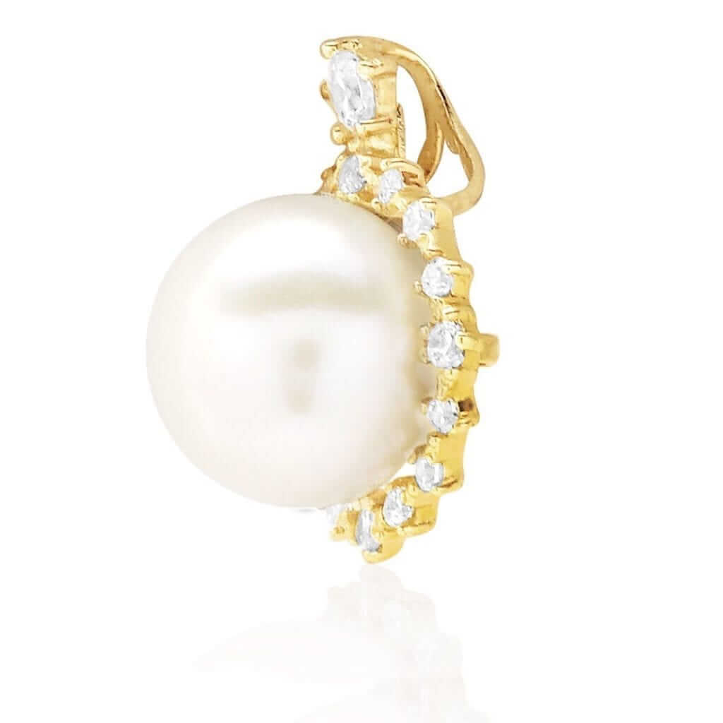 14K Yellow Gold White Gold CZ Freshwater Pearl Halo Pendant 0.63"