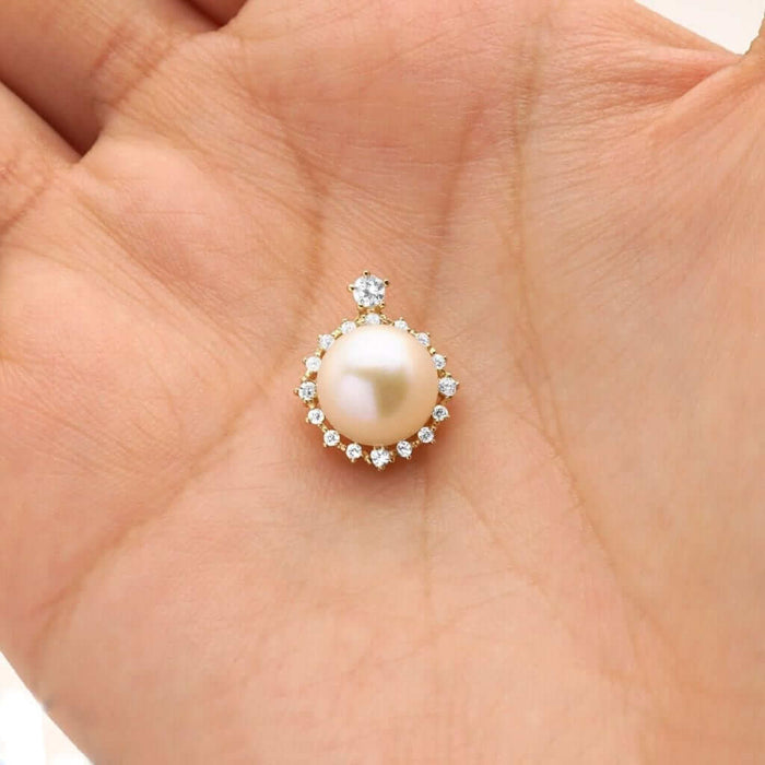14K Yellow Gold White Gold CZ Freshwater Pearl Halo Pendant 0.63"