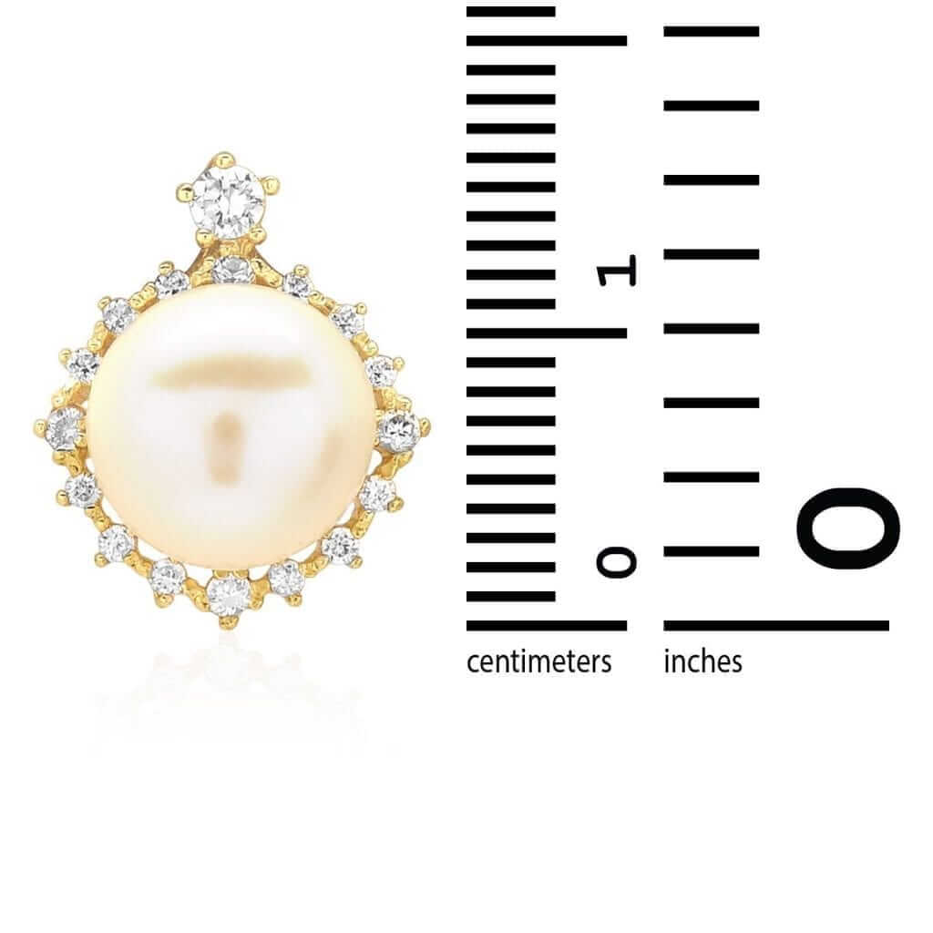 14K Yellow Gold White Gold CZ Freshwater Pearl Halo Pendant 0.63"