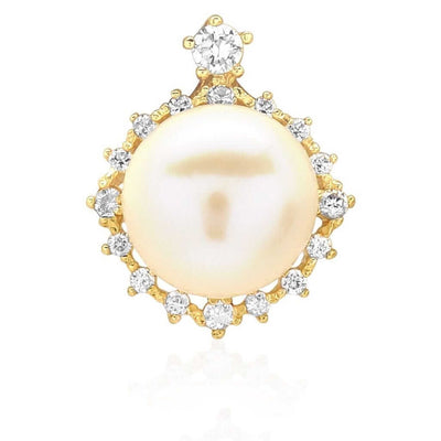 14K Yellow Gold White Gold CZ Freshwater Pearl Halo Pendant 0.63"
