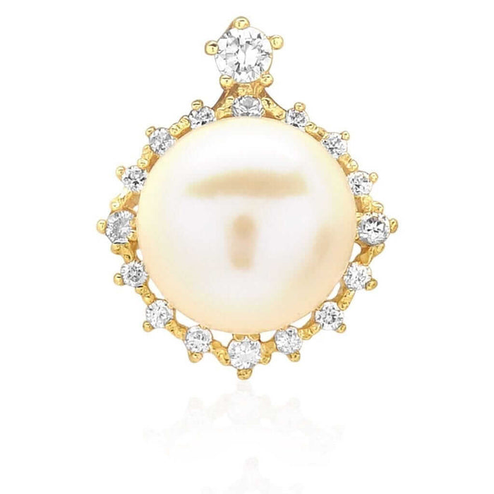 14K Yellow Gold White Gold CZ Freshwater Pearl Halo Pendant 0.63"