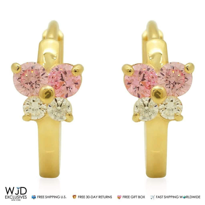 0.30Ct CZ & Pink Tourmaline 14K Yellow Gold Huggie Hoop Earrings