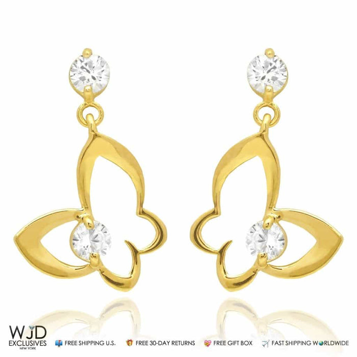 14K Yellow Gold CZ Butterfly Shape Dangle Earrings
