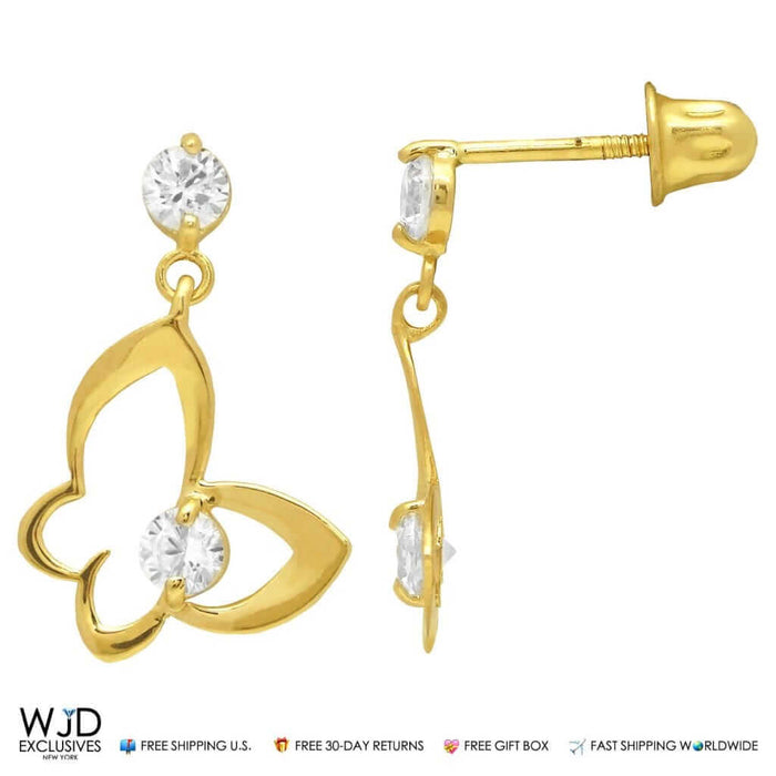 14K Yellow Gold CZ Butterfly Shape Dangle Earrings