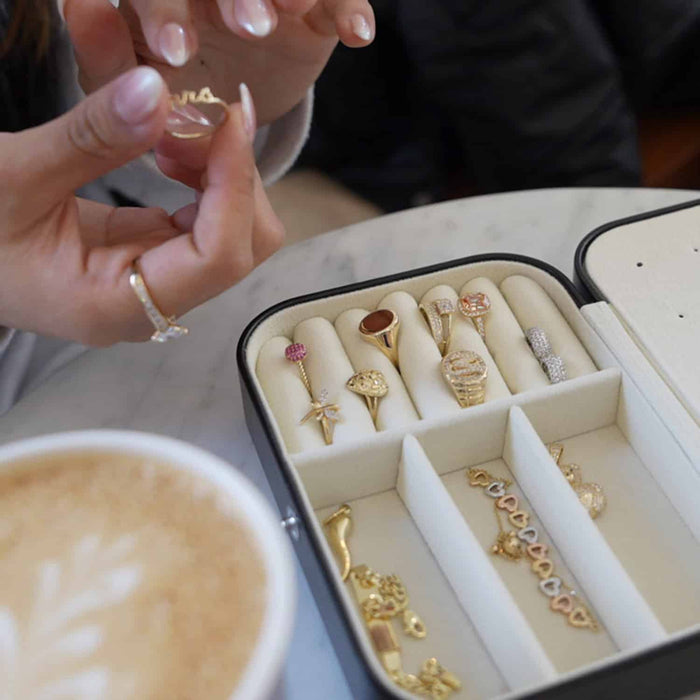 Compact PU Leather Double Layer Jewelry Organizer Box Portable Black Travel Case - WJD Exclusives