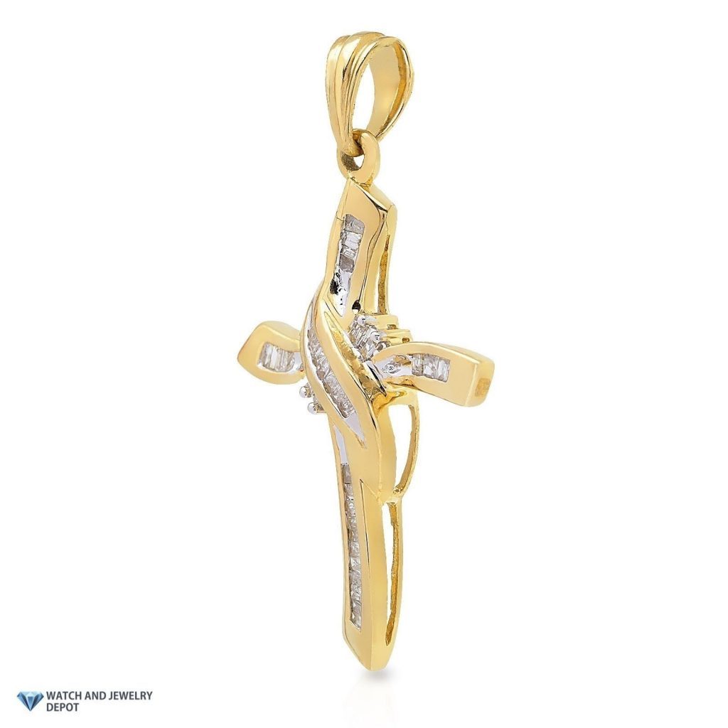 0.4CTW Real Diamond Baguette 10K Yellow Gold Religious Cross Pendant 1.5"