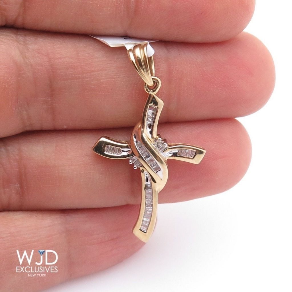 0.4CTW Real Diamond Baguette 10K Yellow Gold Religious Cross Pendant 1.5"