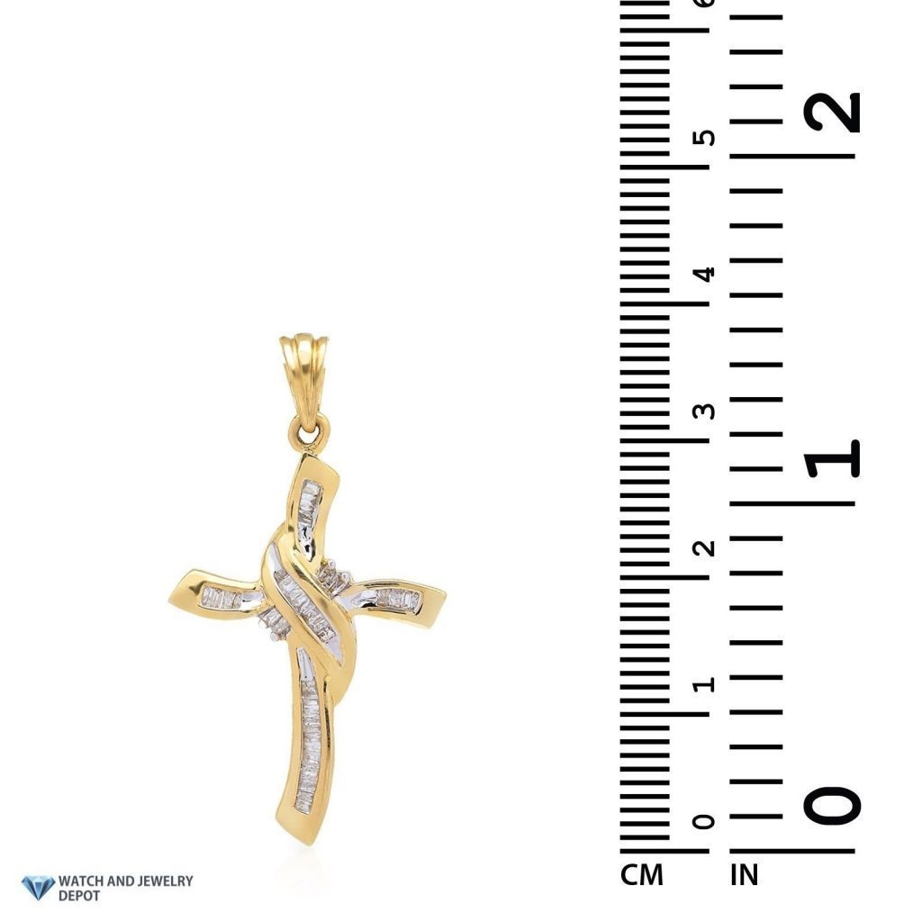 0.4CTW Real Diamond Baguette 10K Yellow Gold Religious Cross Pendant 1.5"