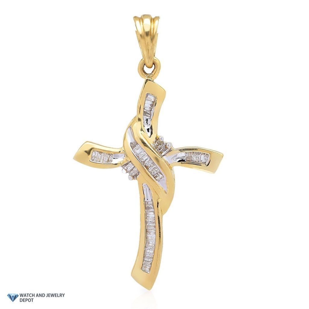 0.4CTW Real Diamond Baguette 10K Yellow Gold Religious Cross Pendant 1.5"