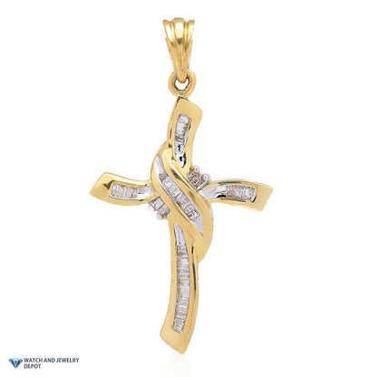 0.4CTW Real Diamond Baguette 10K Yellow Gold Religious Cross Pendant 1.5"