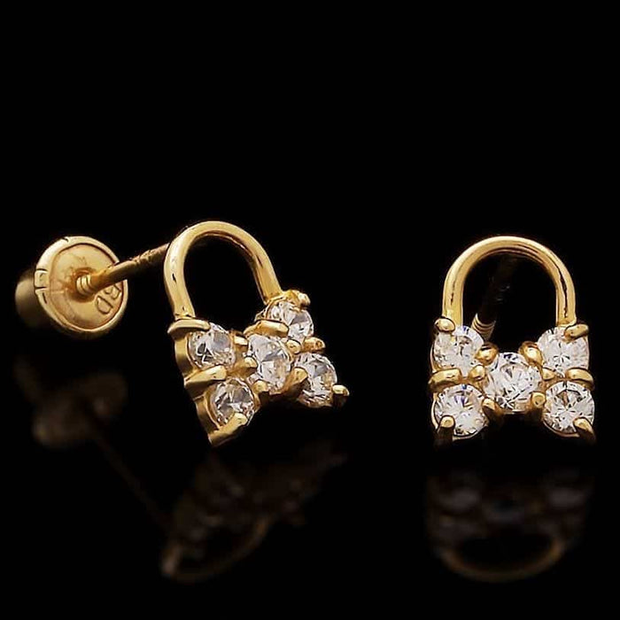 14K Yellow Gold 0.40Ct Brilliant CZ Bowtie Lock Stud Earrings