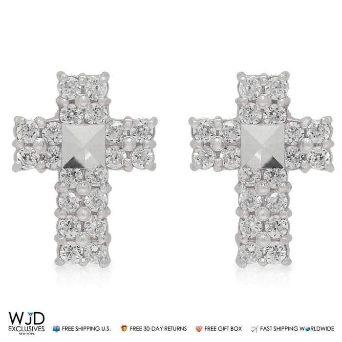 0.40Ct CZ 9mm Diamond-Cut Cross Stud Earrings 14K White Gold
