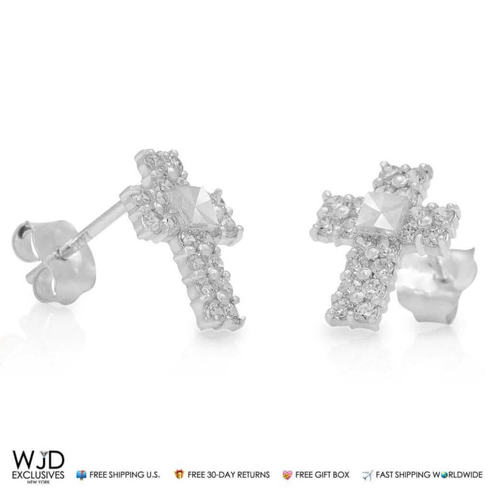 0.40Ct CZ 9mm Diamond-Cut Cross Stud Earrings 14K White Gold