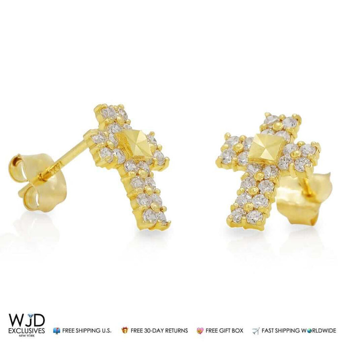0.40Ct CZ 9mm Diamond-Cut Cross Stud Earrings 14K Yellow Gold