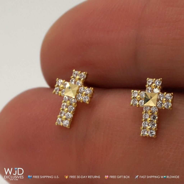 0.40Ct CZ 9mm Diamond-Cut Cross Stud Earrings 14K Yellow Gold