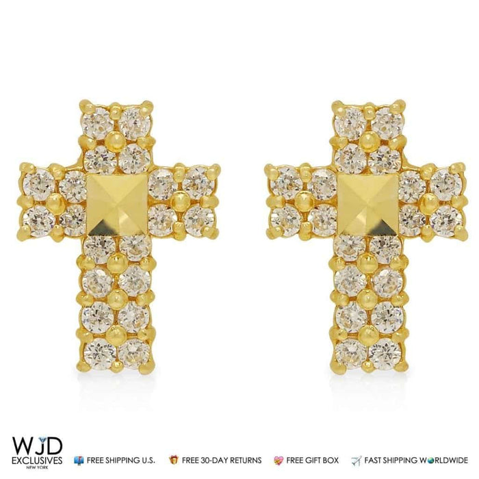 0.40Ct CZ 9mm Diamond-Cut Cross Stud Earrings 14K Yellow Gold