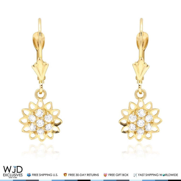 0.40CTW CZ 14K Yellow Gold Flower Dangle Lever back Earrings