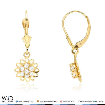 0.40CTW CZ 14K Yellow Gold Flower Dangle Lever back Earrings