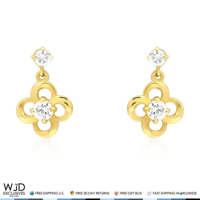 0.40Ct CZ Flower Shaped Dangle Earrings 14K Real Yellow Gold