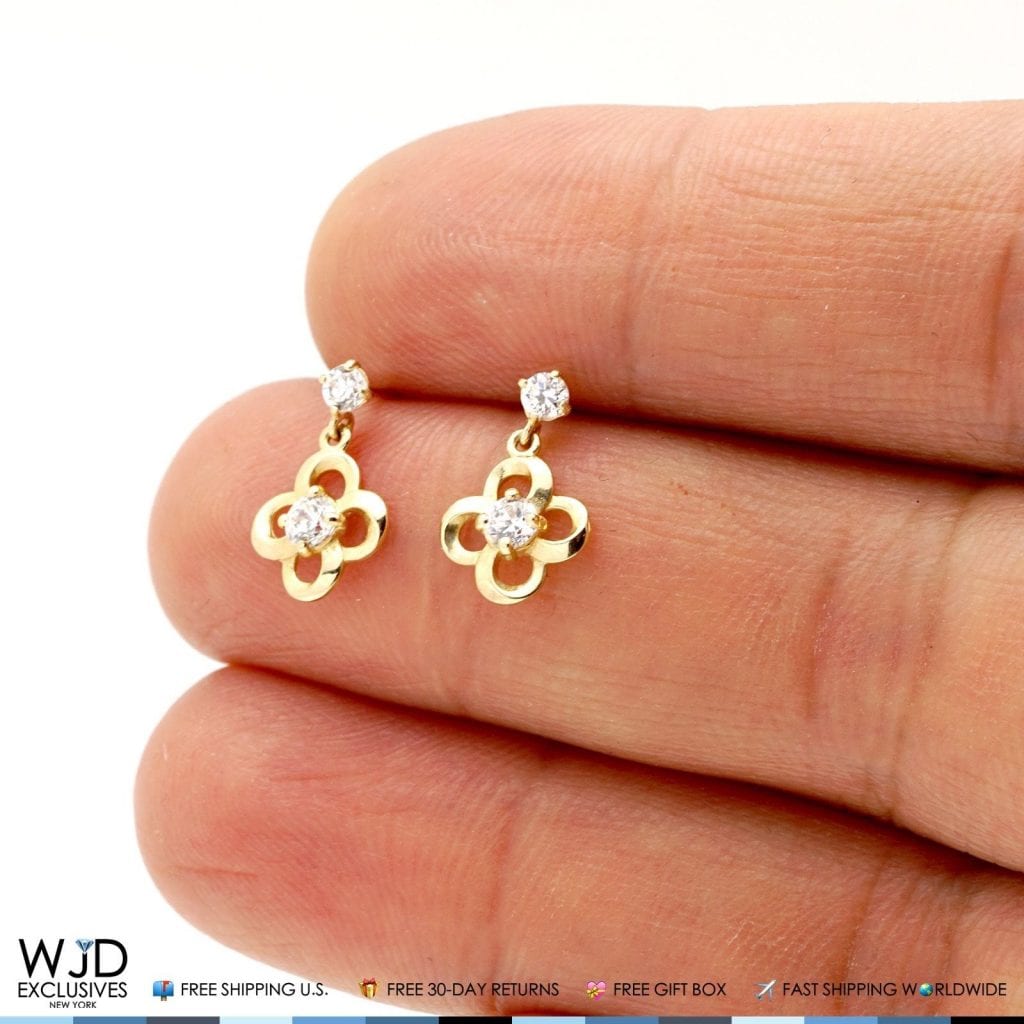 0.40Ct CZ Flower Shaped Dangle  Earrings 14K Real Yellow Gold