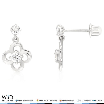 14K White Gold 0.40Ct CZ Flower Dangle Earrings