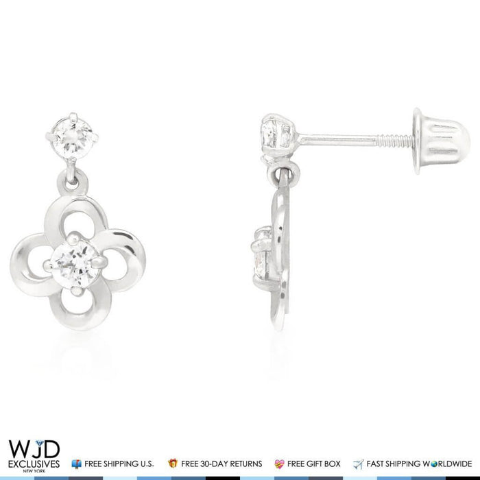 14K White Gold 0.40Ct CZ Flower Dangle Earrings
