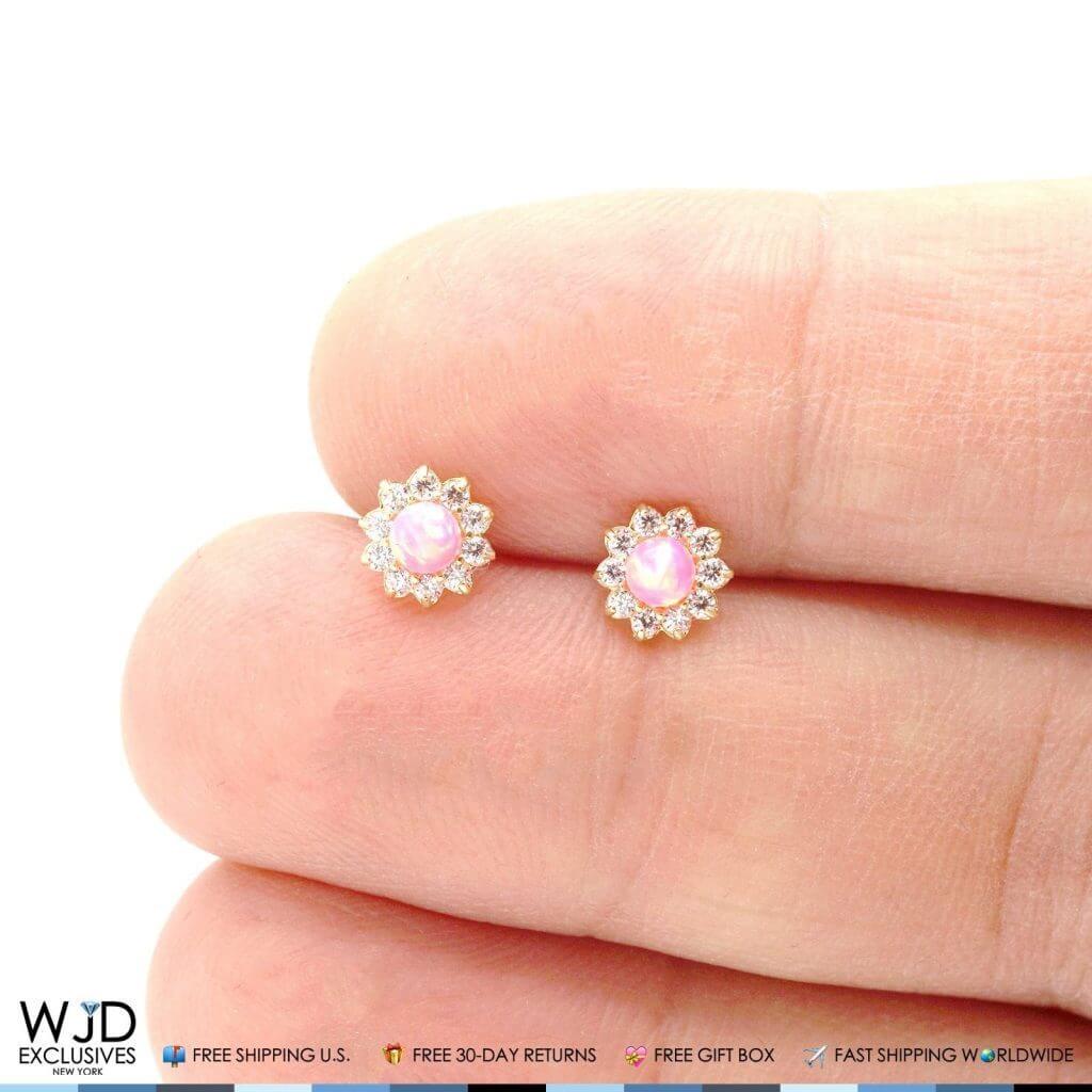 14k Yellow Gold 0.40Ct CZ & Pink Opal Flower Stud Earrings